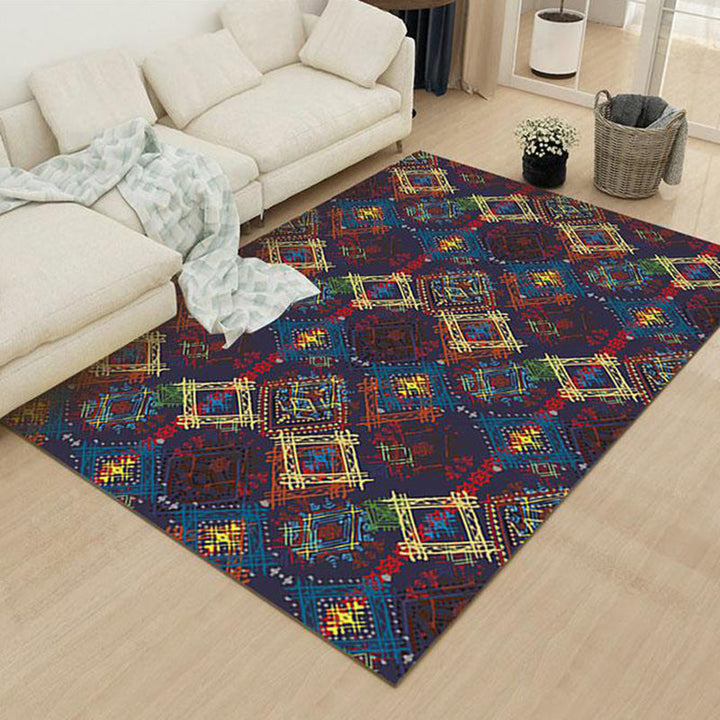 Lisslune | Moroccan square line pattern rug in blue polyester rug machine washable non-slip backing rug for living room