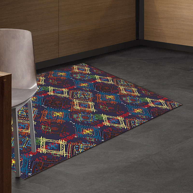 Lisslune | Moroccan square line pattern rug in blue polyester rug machine washable non-slip backing rug for living room