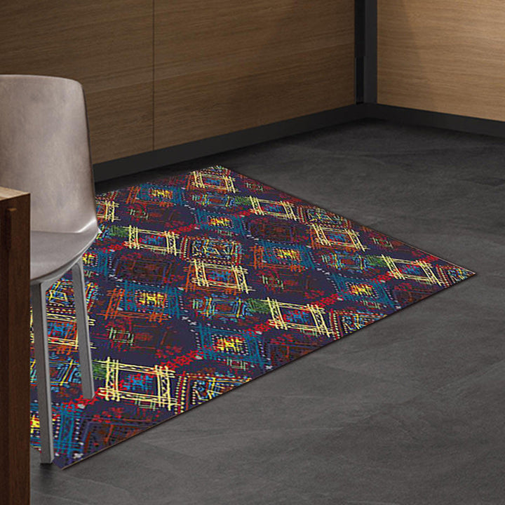 Lisslune | Moroccan square line pattern rug in blue polyester rug machine washable non-slip backing rug for living room