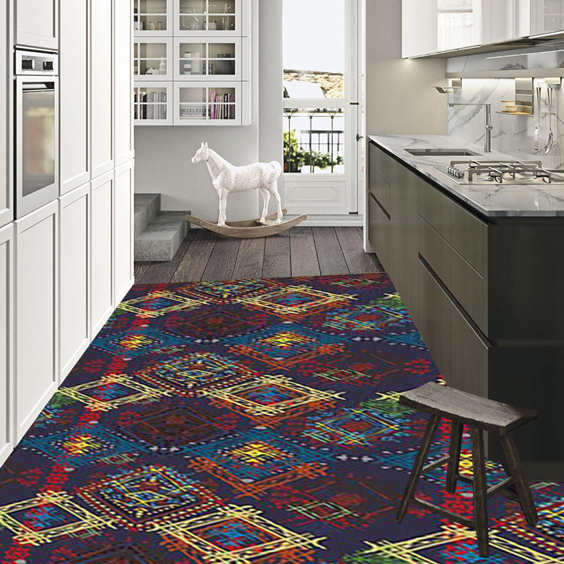 Lisslune | Moroccan square line pattern rug in blue polyester rug machine washable non-slip backing rug for living room