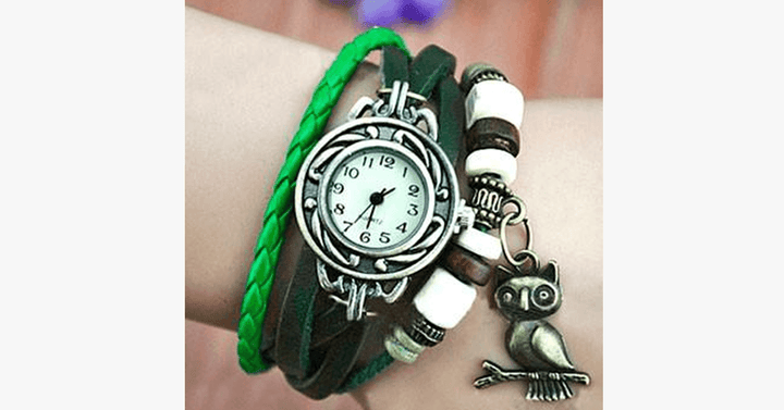 Lisslune | Owl Vintage Wrap Watch with Boho-Chic Style Bracelet - Woven cuff-style bracelet watch for a funky look!