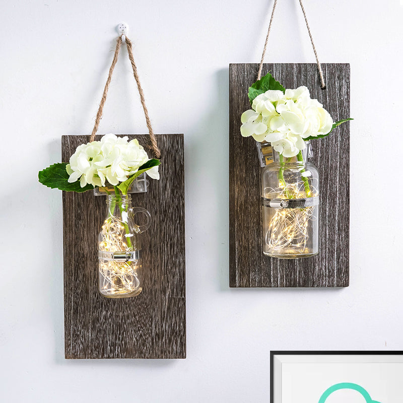 Skørter | White Flowers Wall String Lights Nordic Clear Glass Glass Jar Twinkle Light with Wooden Back Plate