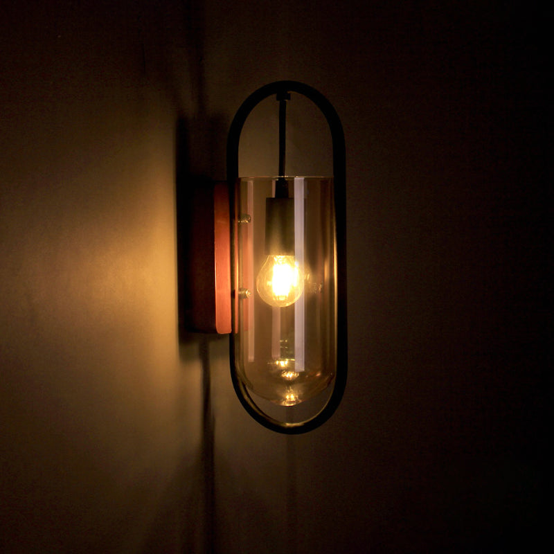 Lisslune | Black Cylinder Wall Light Industrial 1 Light Clear/Amber Glass Wall Mount Light