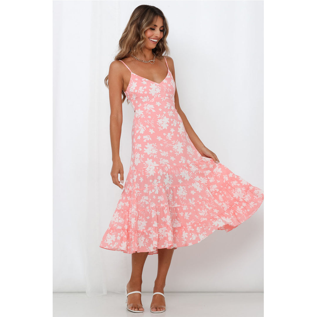 Women's midi dress with floral ruffles and swinging skirt Lune London