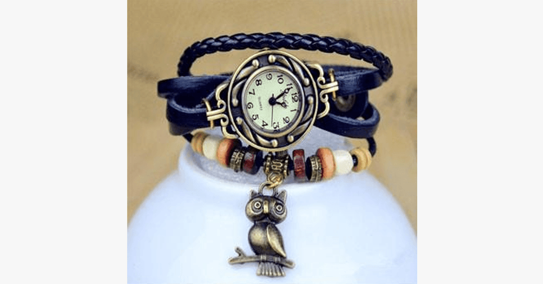 Lisslune | Owl Vintage Wrap Watch with Boho-Chic Style Bracelet - Woven cuff-style bracelet watch for a funky look!