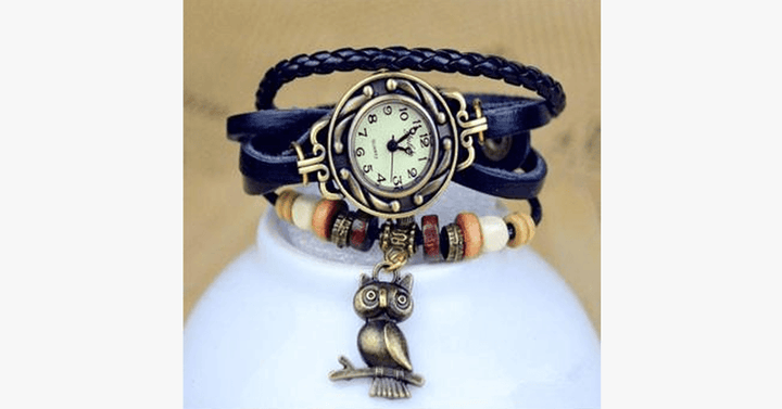 Lisslune | Owl Vintage Wrap Watch with Boho-Chic Style Bracelet - Woven cuff-style bracelet watch for a funky look!