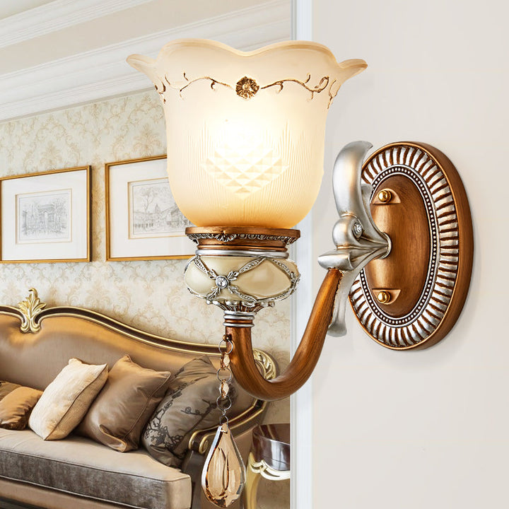 Skørter | Lodge Style Flower Wall Lamp Frosted Glass 1/2-Bulb Wall Light with Drop Crystal Decoration and Metal Arm in Gold