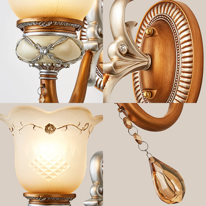 Skørter | Lodge Style Flower Wall Lamp Frosted Glass 1/2-Bulb Wall Light with Drop Crystal Decoration and Metal Arm in Gold