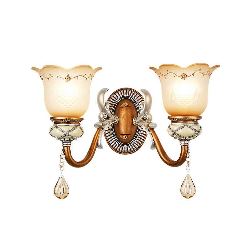 Skørter | Lodge Style Flower Wall Lamp Frosted Glass 1/2-Bulb Wall Light with Drop Crystal Decoration and Metal Arm in Gold