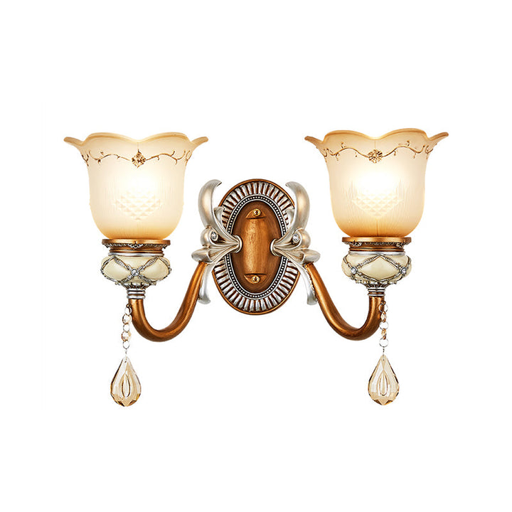 Skørter | Lodge Style Flower Wall Lamp Frosted Glass 1/2-Bulb Wall Light with Drop Crystal Decoration and Metal Arm in Gold