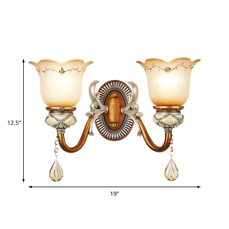 Skørter | Lodge Style Flower Wall Lamp Frosted Glass 1/2-Bulb Wall Light with Drop Crystal Decoration and Metal Arm in Gold