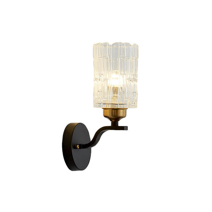 Lisslune | Clear Crystal Cylinder Wall Light Sconce Contemporary 1 Light Sconce Lamp with Metallic Curved Arm in Black