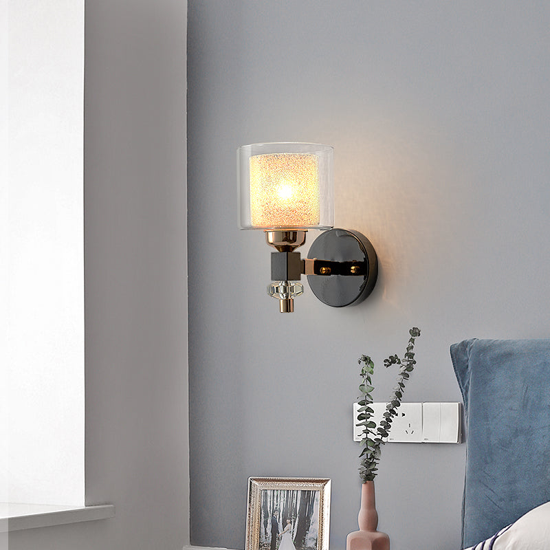 Lisslune | Contemporary cylindrical wall mounted light metal and glass 1 light wall lamp in black for hallway