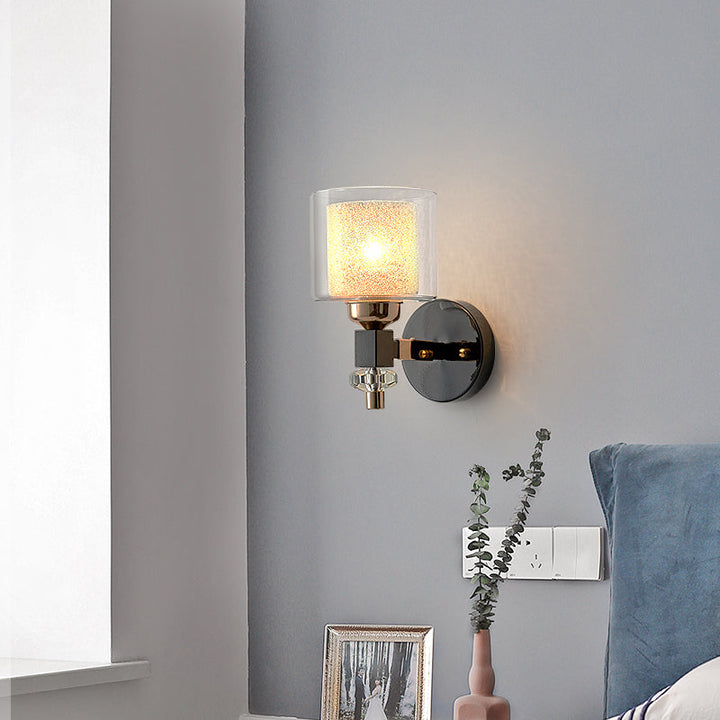 Lisslune | Contemporary cylindrical wall mounted light metal and glass 1 light wall lamp in black for hallway