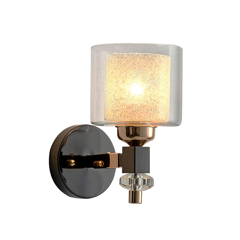 Lisslune | Contemporary cylindrical wall mounted light metal and glass 1 light wall lamp in black for hallway