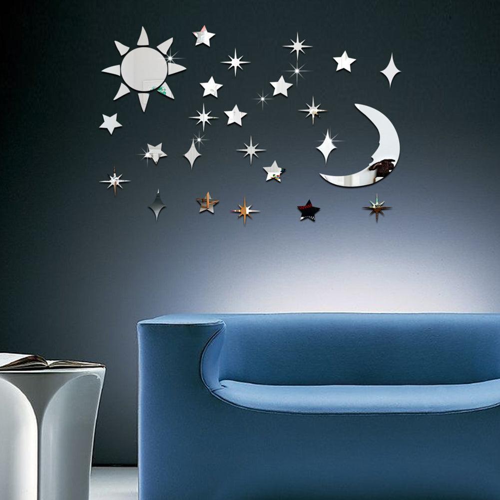 Lisslune | Stylish Celestial Sun, Moon, and Star Acrylic Mirror Wall Decoration - 32 Piece Set