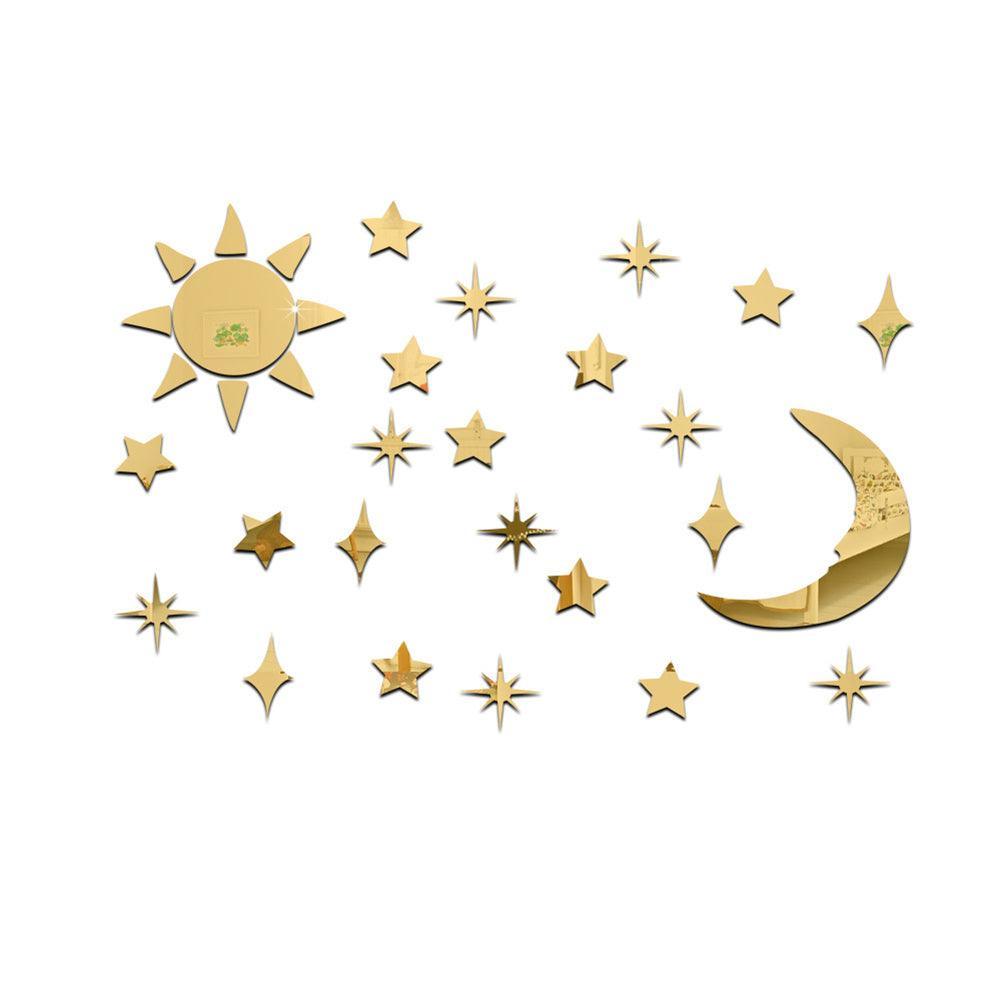 Lisslune | Stylish Celestial Sun, Moon, and Star Acrylic Mirror Wall Decoration - 32 Piece Set