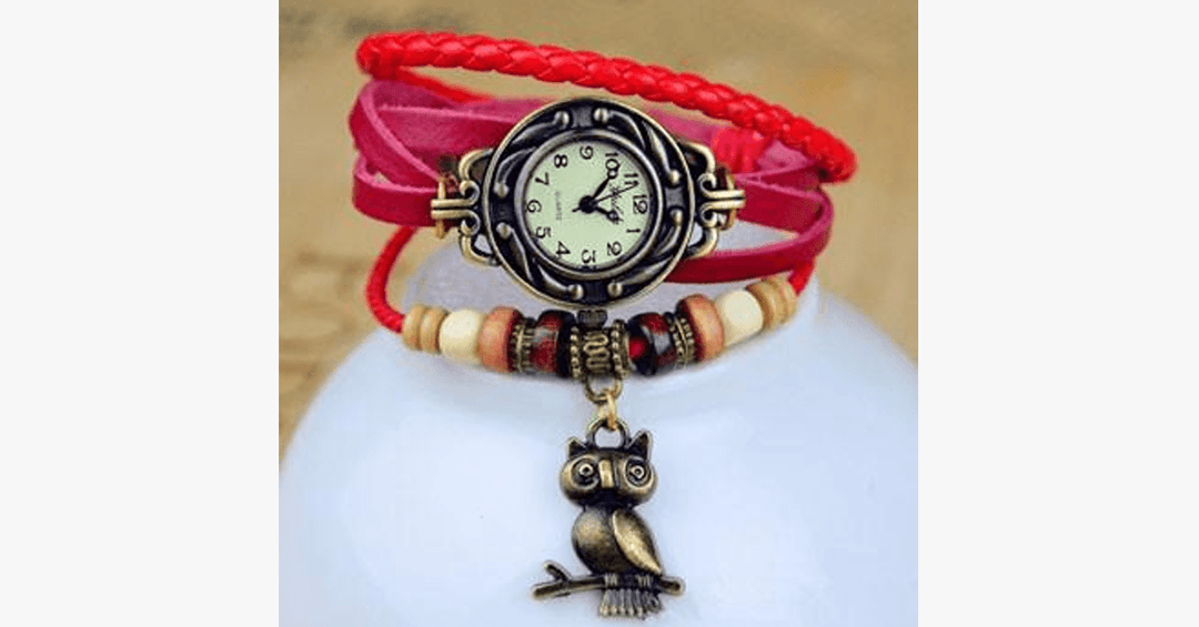 Lisslune | Owl Vintage Wrap Watch with Boho-Chic Style Bracelet - Woven cuff-style bracelet watch for a funky look!