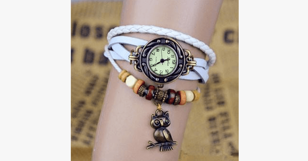 Lisslune | Owl Vintage Wrap Watch with Boho-Chic Style Bracelet - Woven cuff-style bracelet watch for a funky look!
