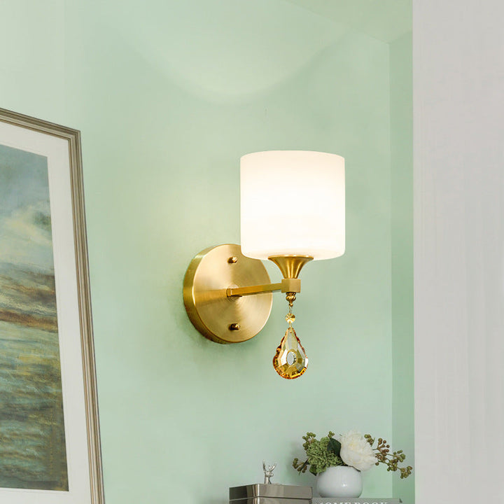 Lisslune | Nordic Style Cylinder Wall Lamp Frosted Glass 1/2-Light Wall Light with Amber Crystal Drops in Brass