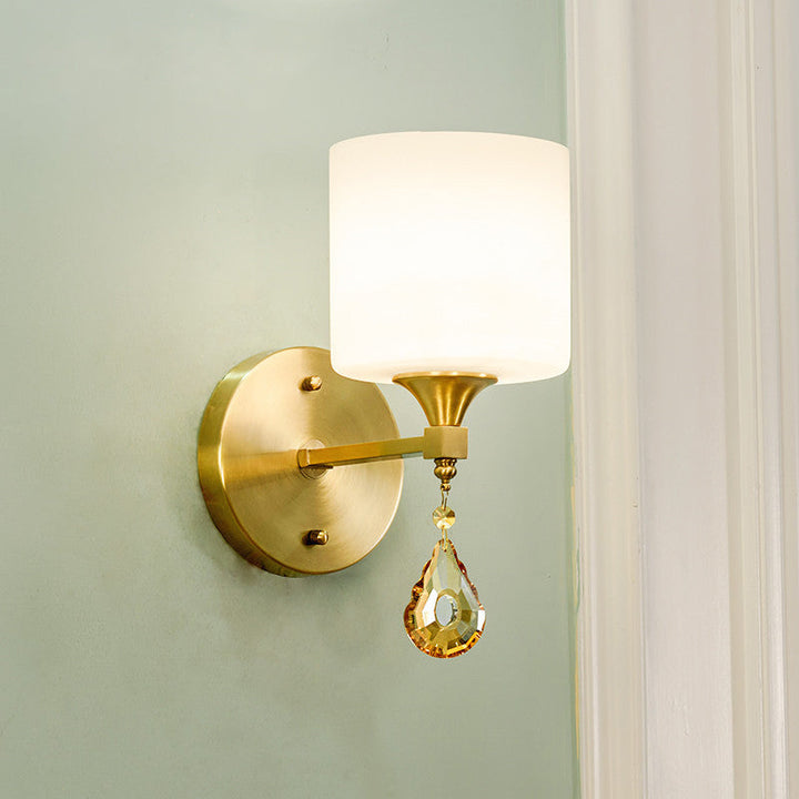 Lisslune | Nordic Style Cylinder Wall Lamp Frosted Glass 1/2-Light Wall Light with Amber Crystal Drops in Brass
