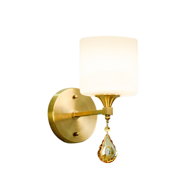 Lisslune | Nordic Style Cylinder Wall Lamp Frosted Glass 1/2-Light Wall Light with Amber Crystal Drops in Brass