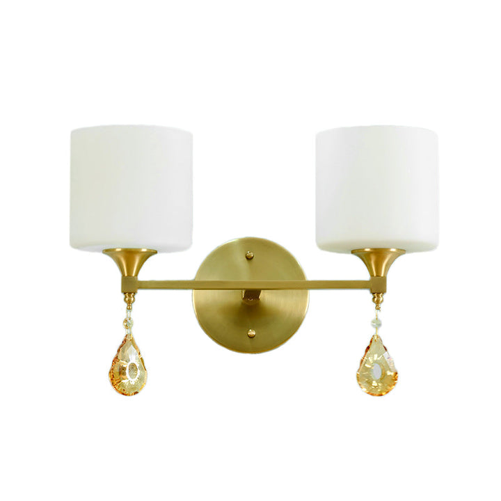 Lisslune | Nordic Style Cylinder Wall Lamp Frosted Glass 1/2-Light Wall Light with Amber Crystal Drops in Brass
