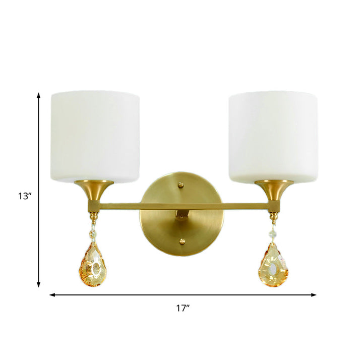 Lisslune | Nordic Style Cylinder Wall Lamp Frosted Glass 1/2-Light Wall Light with Amber Crystal Drops in Brass