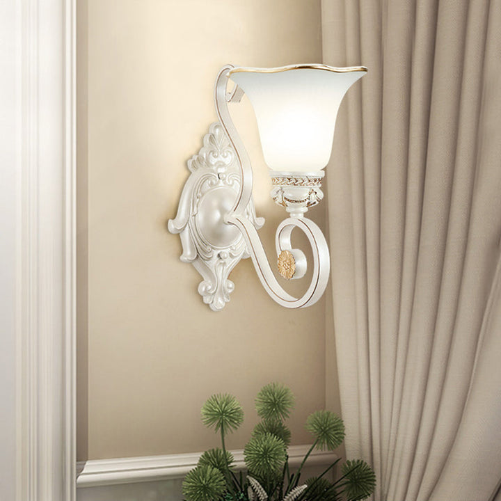 Lisslune | Milk glass flower wall lamp vintage 1/2 head wall-mounted light with clear crystal accent in white for the bedroom
