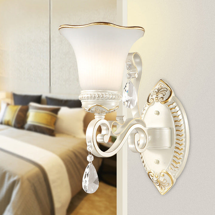 Lisslune | Milk glass flower wall lamp vintage 1/2 head wall-mounted light with clear crystal accent in white for the bedroom