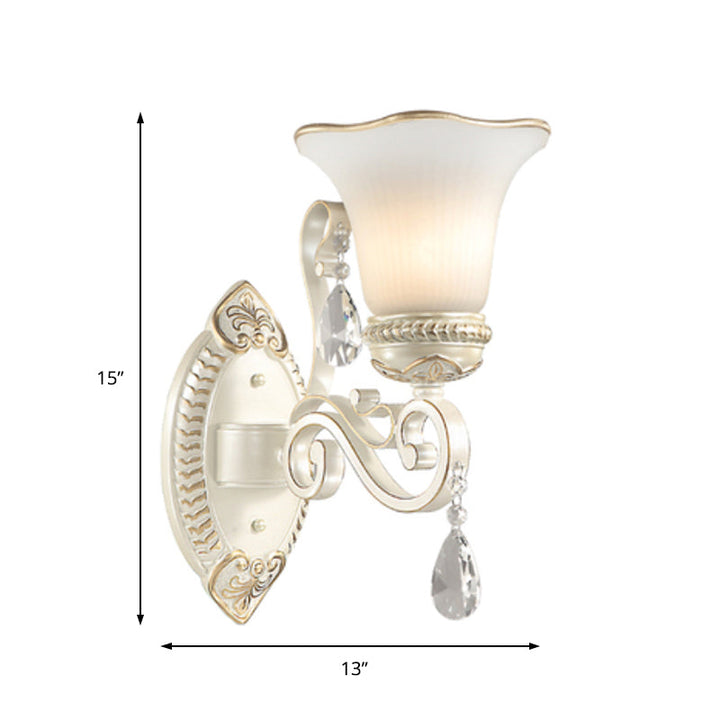 Lisslune | Milk glass flower wall lamp vintage 1/2 head wall-mounted light with clear crystal accent in white for the bedroom