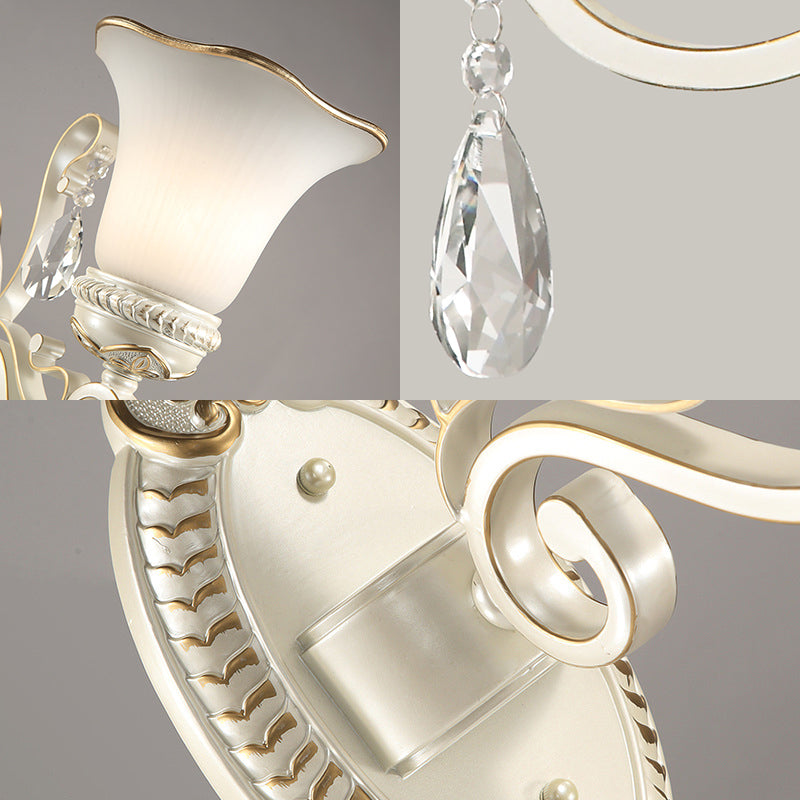 Lisslune | Milk glass flower wall lamp vintage 1/2 head wall-mounted light with clear crystal accent in white for the bedroom