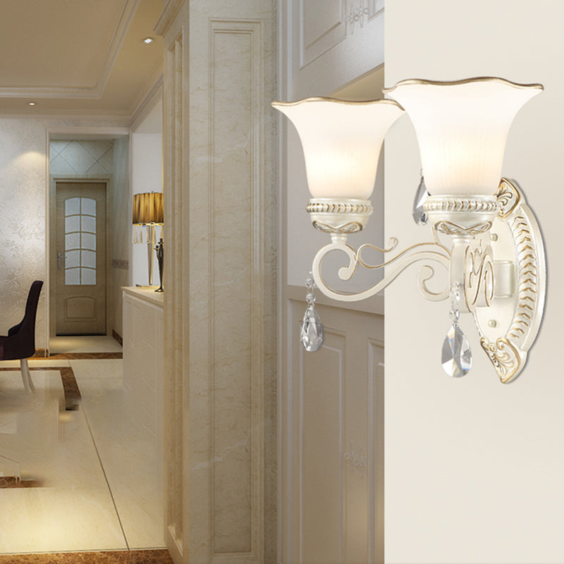 Lisslune | Milk glass flower wall lamp vintage 1/2 head wall-mounted light with clear crystal accent in white for the bedroom