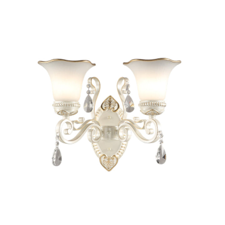 Lisslune | Milk glass flower wall lamp vintage 1/2 head wall-mounted light with clear crystal accent in white for the bedroom