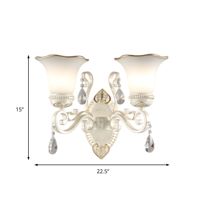 Lisslune | Milk glass flower wall lamp vintage 1/2 head wall-mounted light with clear crystal accent in white for the bedroom