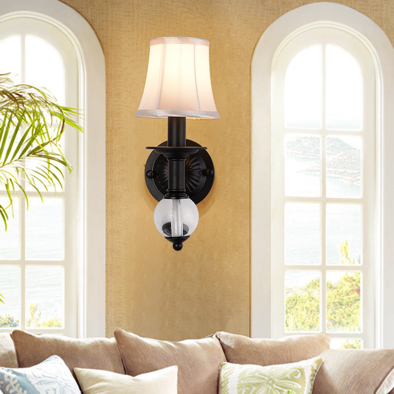 Lisslune | White Fabric Bell Wall Lamp Contemporary 1 Light Wall Lamp with Crystal Ball and Straight Arm in Black