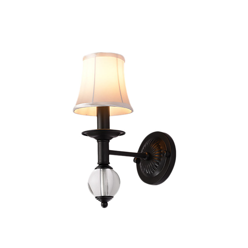 Lisslune | White Fabric Bell Wall Lamp Contemporary 1 Light Wall Lamp with Crystal Ball and Straight Arm in Black