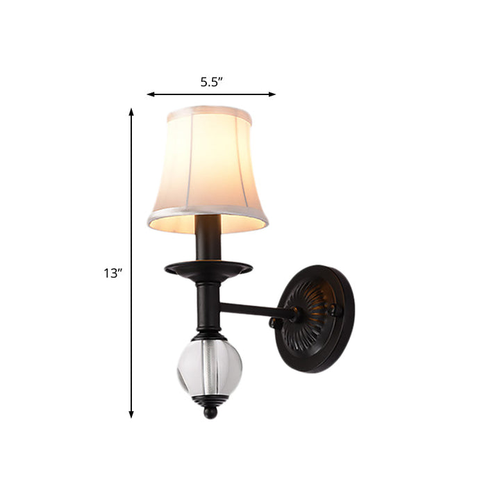 Lisslune | White Fabric Bell Wall Lamp Contemporary 1 Light Wall Lamp with Crystal Ball and Straight Arm in Black