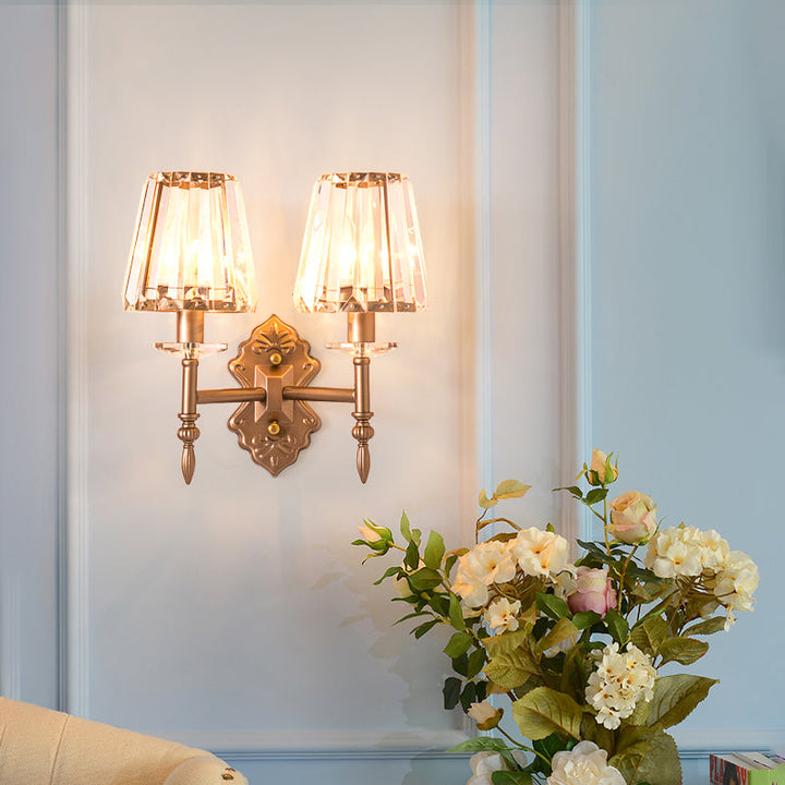 Lisslune | Faceted Crystal Wall Light with Conical Shade Modernist 1/2-Light Wall Lamp in Copper for Bedroom