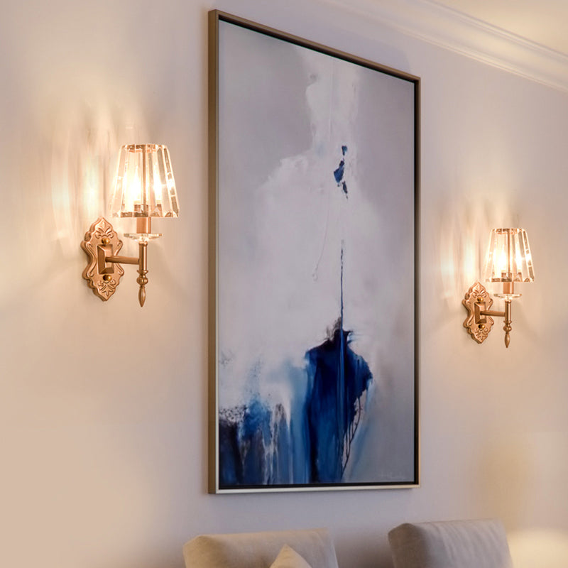 Lisslune | Faceted Crystal Wall Light with Conical Shade Modernist 1/2-Light Wall Lamp in Copper for Bedroom
