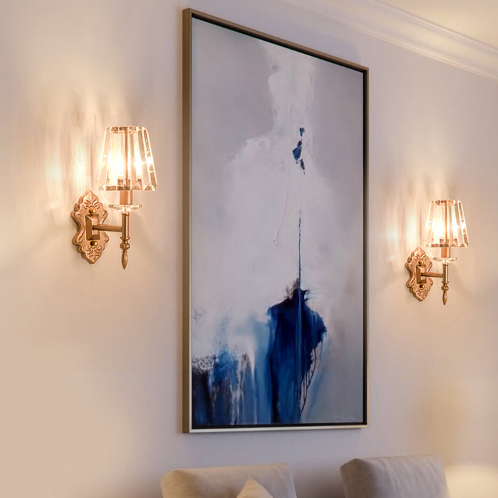 Lisslune | Faceted Crystal Wall Light with Conical Shade Modernist 1/2-Light Wall Lamp in Copper for Bedroom