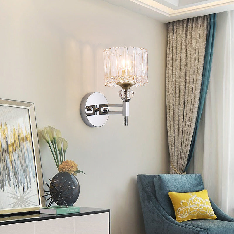 Lisslune | 1 Bulb Cylindrical Wall Light Modernist Style Clear Glass Wall Light Sconce with Crystal Decoration in Chrome Finish