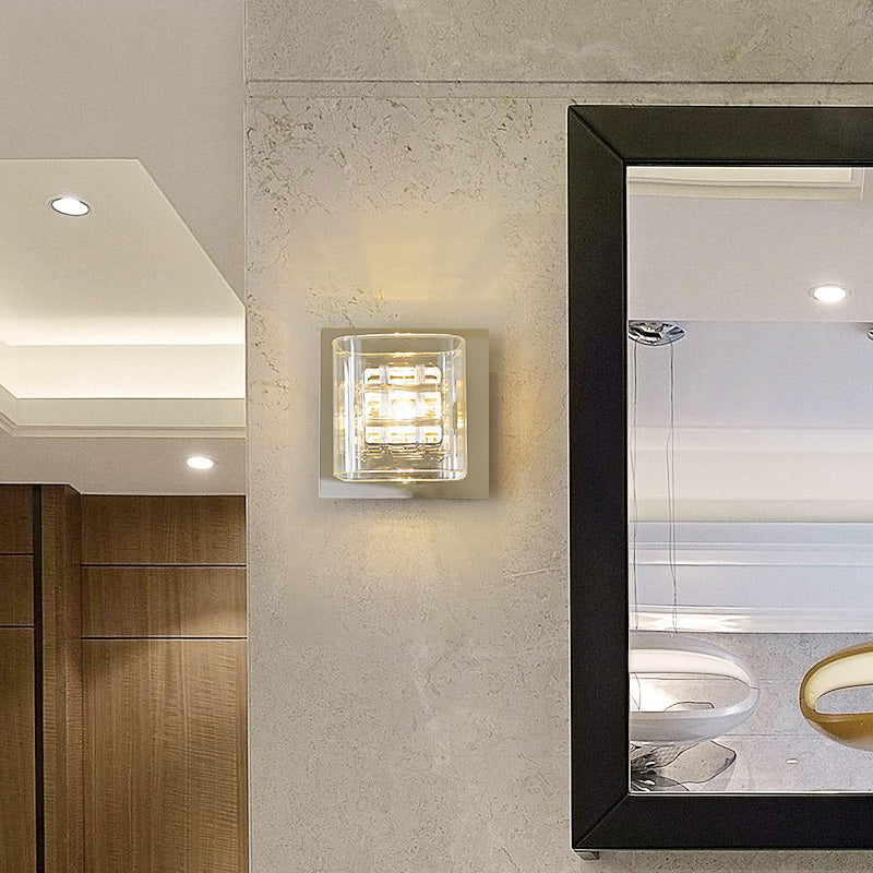 Lisslune | Clear Glass Square Wall Lamp Contemporary 1 Light Wall Lamp with Inner Wire Shade in Chrome for Hallway