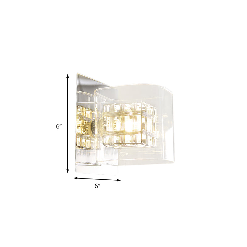 Lisslune | Clear Glass Square Wall Lamp Contemporary 1 Light Wall Lamp with Inner Wire Shade in Chrome for Hallway