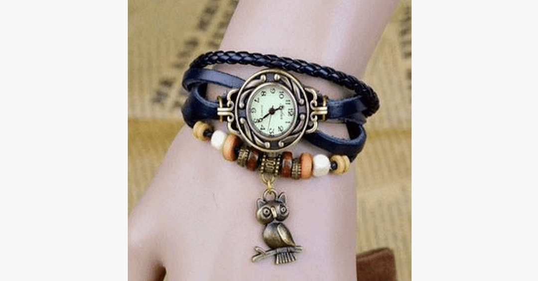 Lisslune | Owl Vintage Wrap Watch with Boho-Chic Style Bracelet - Woven cuff-style bracelet watch for a funky look!