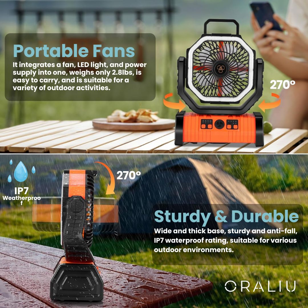 Lisslune | 3-in-1 Camping Fan with LED Light & 20000mAh Power Bank – USB Rechargeable & Wireless