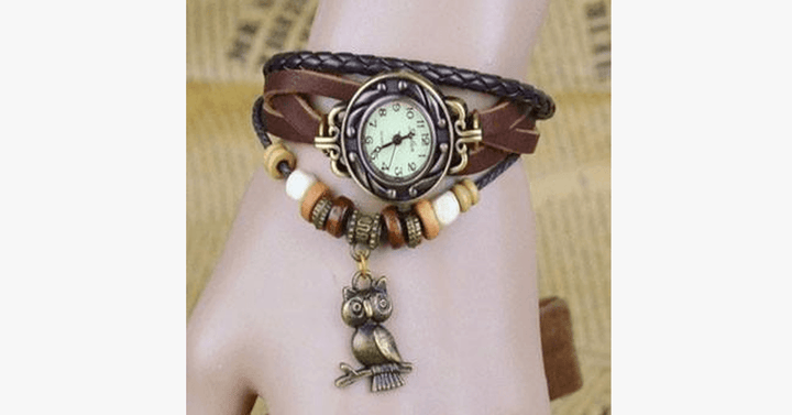 Lisslune | Owl Vintage Wrap Watch with Boho-Chic Style Bracelet - Woven cuff-style bracelet watch for a funky look!