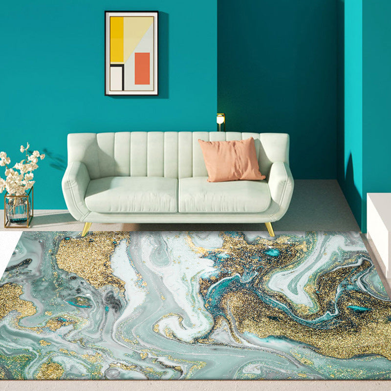 Lisslune | Unique Watercolor Pattern Rug Blue and Gold Modern Rug Polyester Washable Non-slip Background Carpet for Living Room