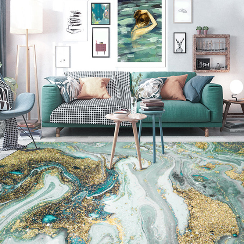 Lisslune | Unique Watercolor Pattern Rug Blue and Gold Modern Rug Polyester Washable Non-slip Background Carpet for Living Room