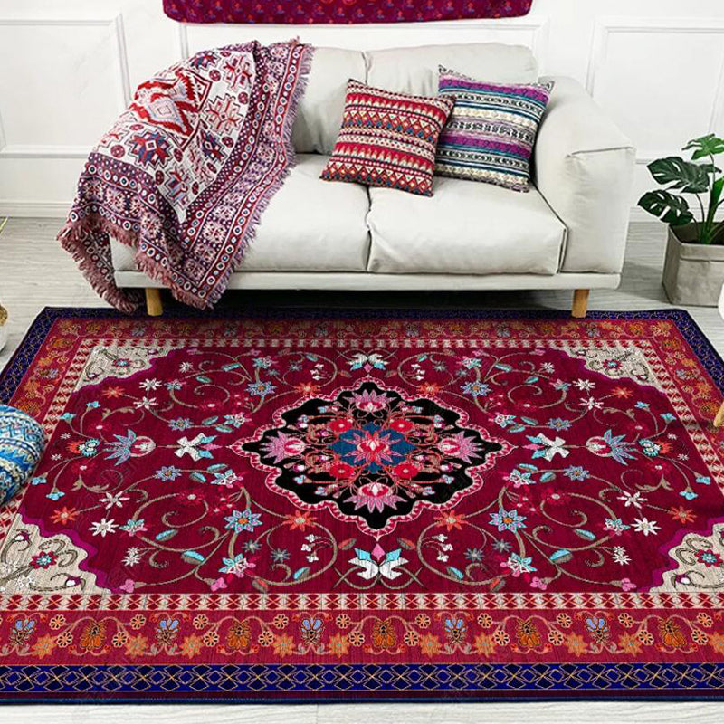 Lisslune | Moroccan Living Room Rug with Red Medallion Floral Pattern Rug Polyester Non-slip Machine Washable Rug